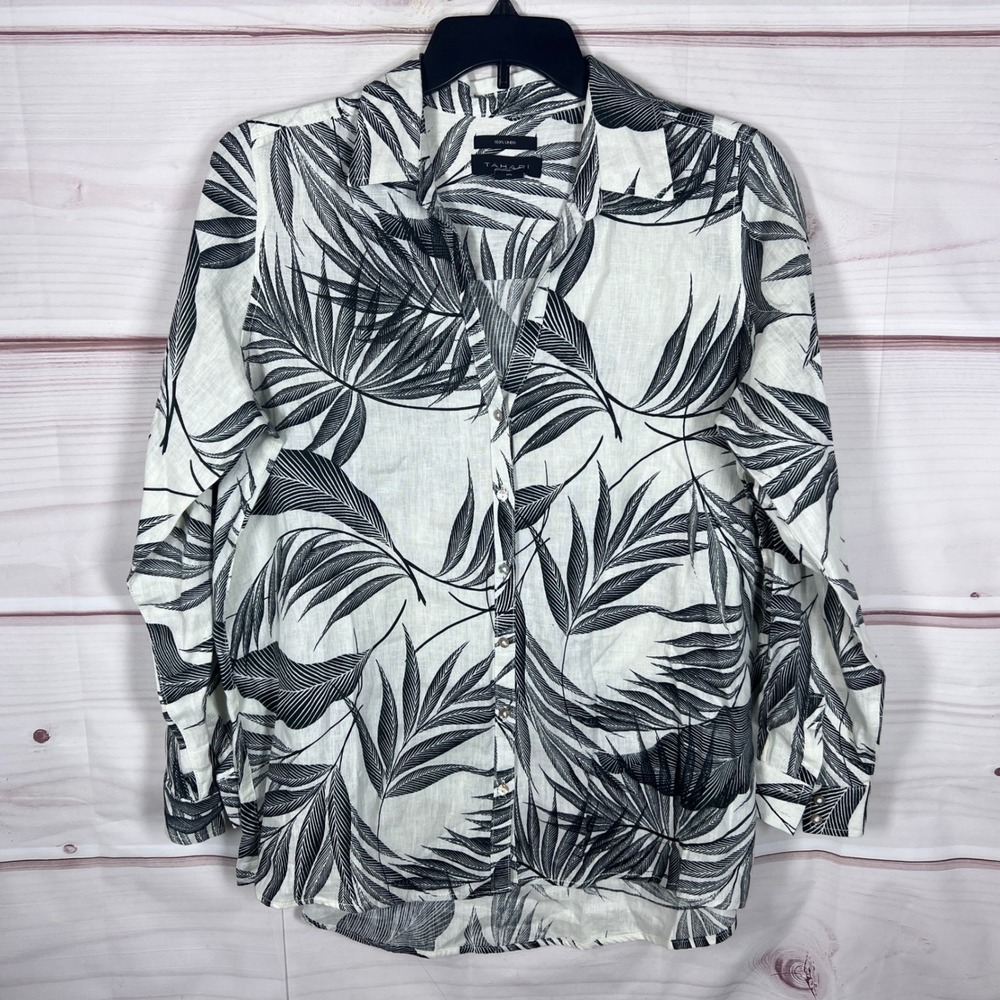 Tahari Button Down Shirt Women XXL White Black Palm Leaf 100% Linen Top Tropical